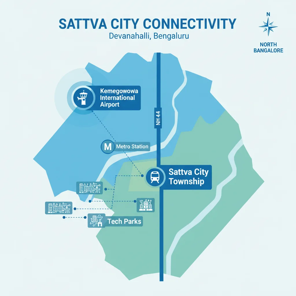 Sattva City Address - Modern real estate location infographic showing township connectivity map in North Bangalore with NH 44, airport, metro, and tech park landmarks
