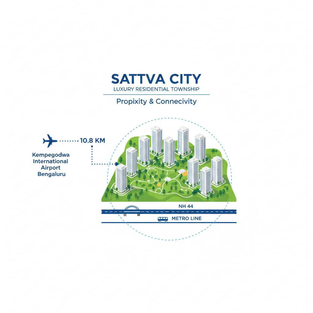 Sattva City luxury residential township proximity to Kempegowda International Airport, showing NH 44 highway connection and 10.8 km distance marker