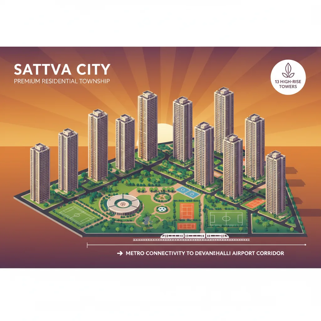 Sattva City Brochure - Modern architectural visualization of Sattva City residential township featuring 13 sleek high-rise towers surrounded by lush green landscaped gardens, aerial view showing 50-acre property layout