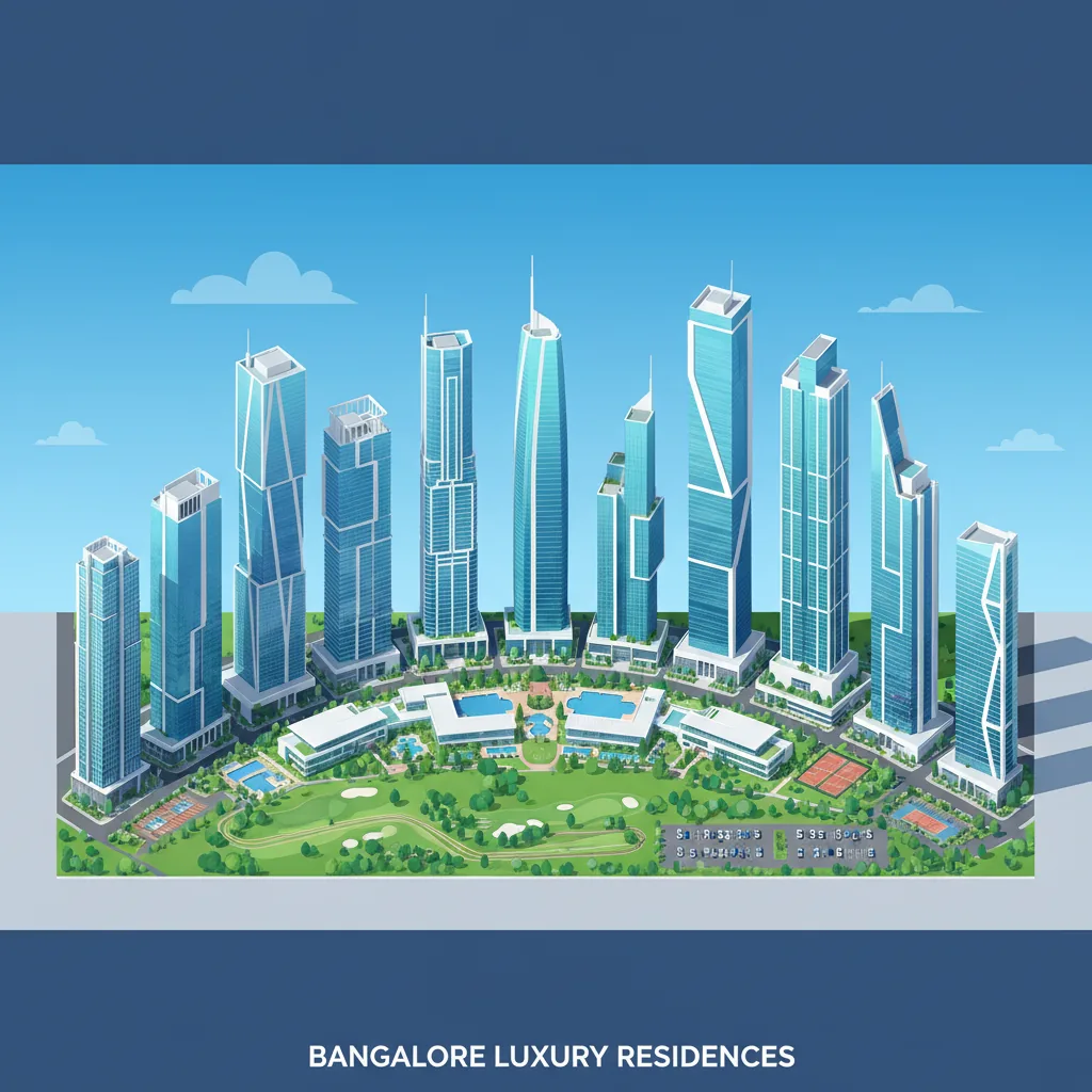 Modern luxury residential high-rise towers in Bangalore, 13 majestic skyscrapers with glass facades against blue sky, lush green landscape with clubhouses and amenities