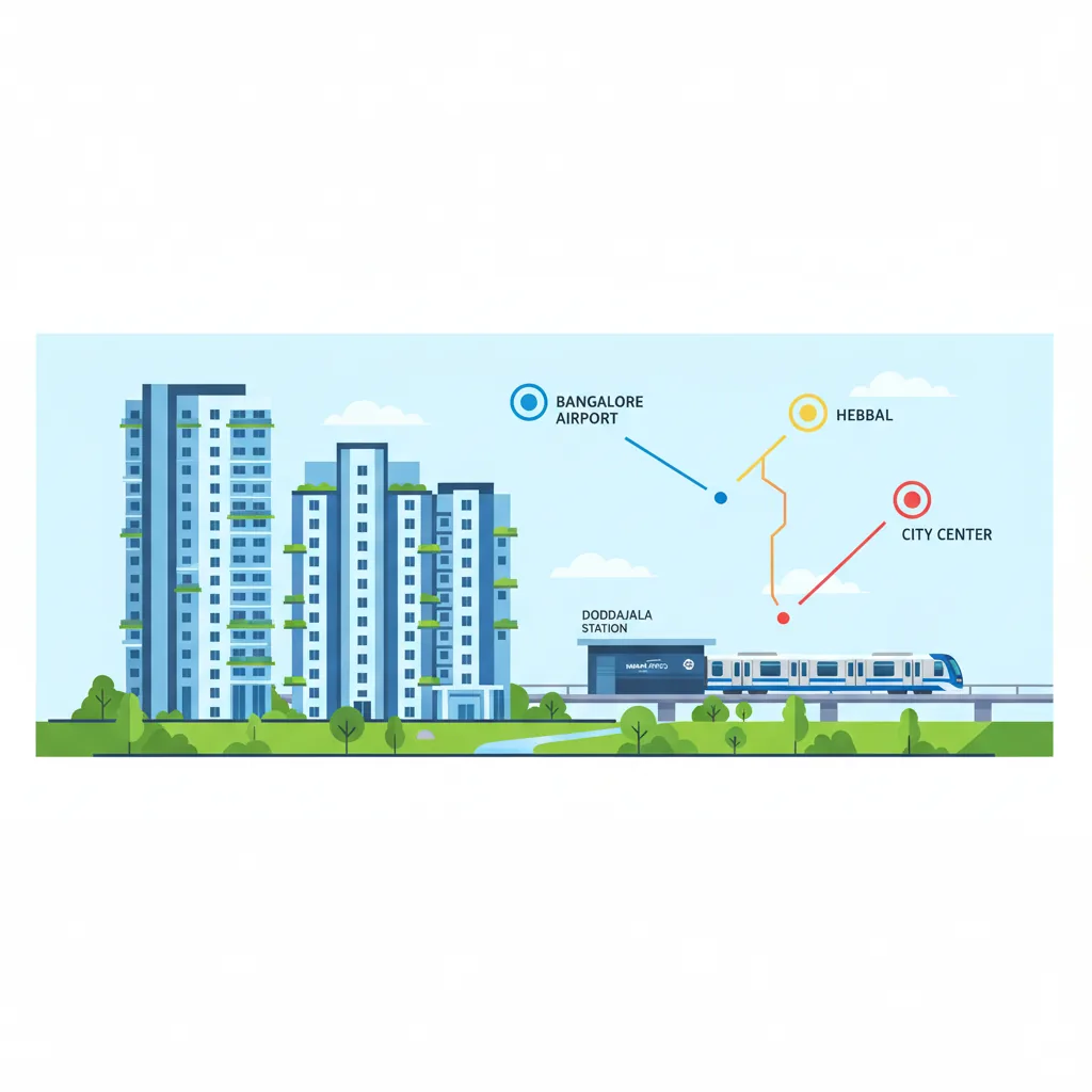 Sattva City metro connectivity infographic showing Doddajala Station on Namma Metro Blue Line with connectivity map to Bangalore Airport, Hebbal, and city center
