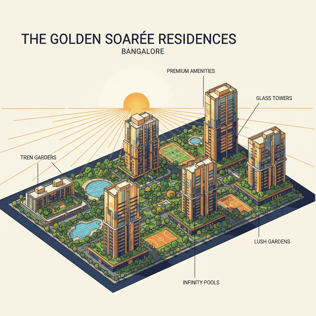 Modern luxury residential towers in Bangalore at golden hour, aerial view of premium township with green landscaping, contemporary architecture with glass facades, lush gardens and swimming pools visible, real estate infographic style, professional architectural visualization, warm lighting, premium lifestyle atmosphere