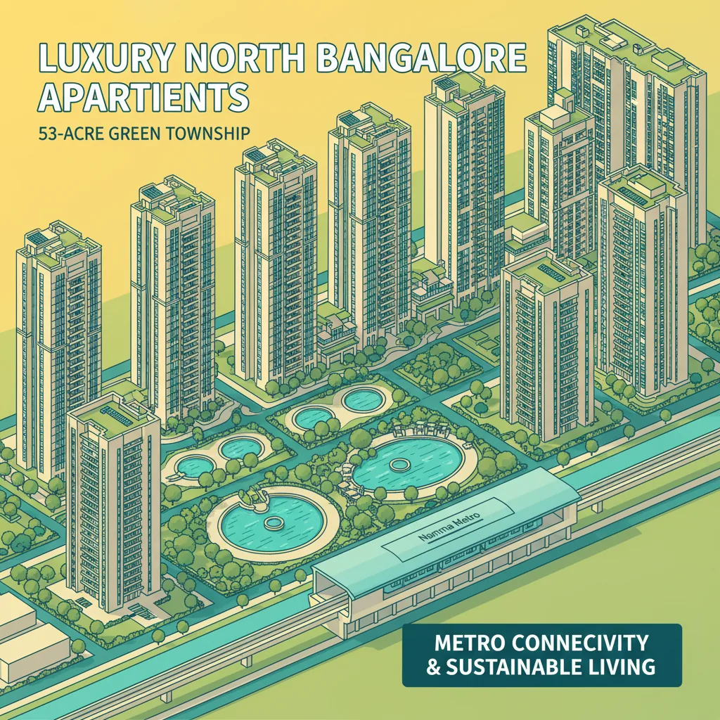 Modern luxury apartment buildings in North Bangalore - aerial view of Sattva City township with green spaces and metro connectivity