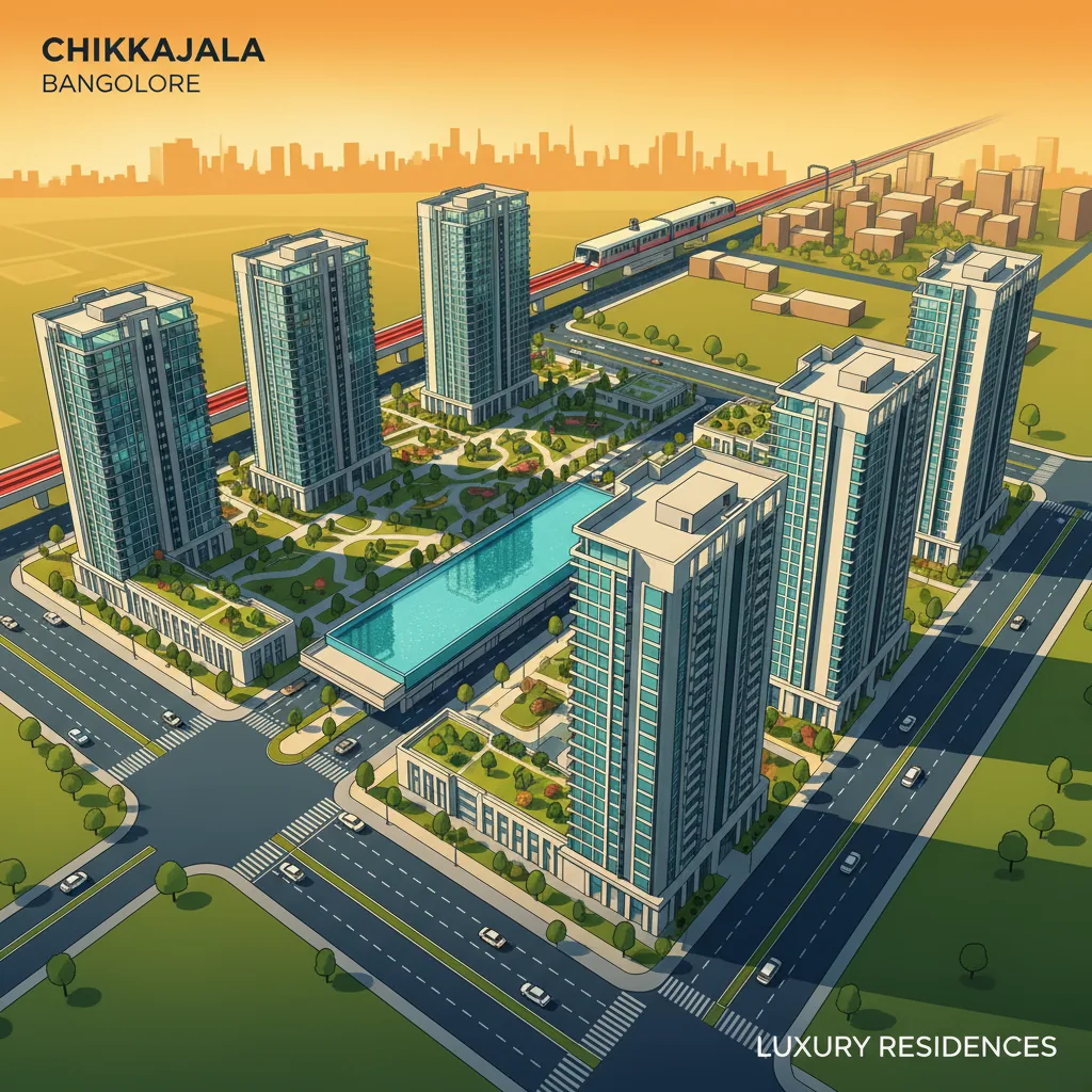 Aerial view of Sattva City luxury apartment township in Chikkajala North Bangalore with green parks and modern towers