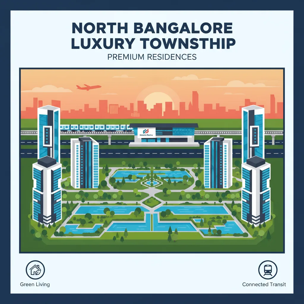 Modern luxury township aerial view in North Bangalore with green gardens, water bodies, high-rise towers, metro station and airport skyline