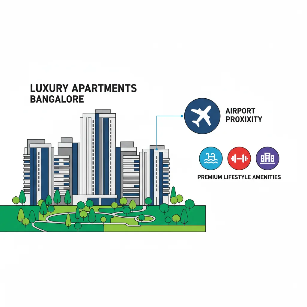 Modern residential real estate infographic showing luxury apartment towers in Bangalore with green spaces and airport proximity