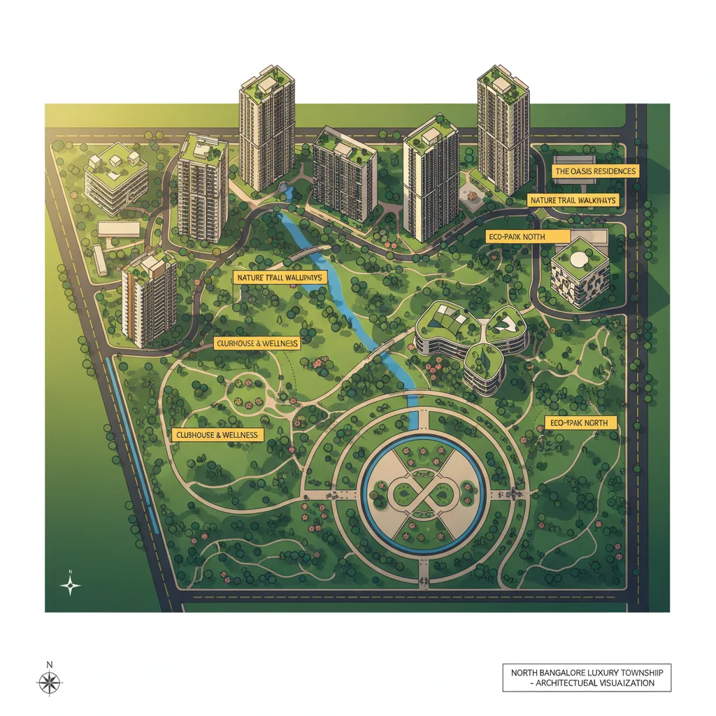 Modern luxury residential township aerial view with lush green landscape and high-rise apartment towers in North Bangalore