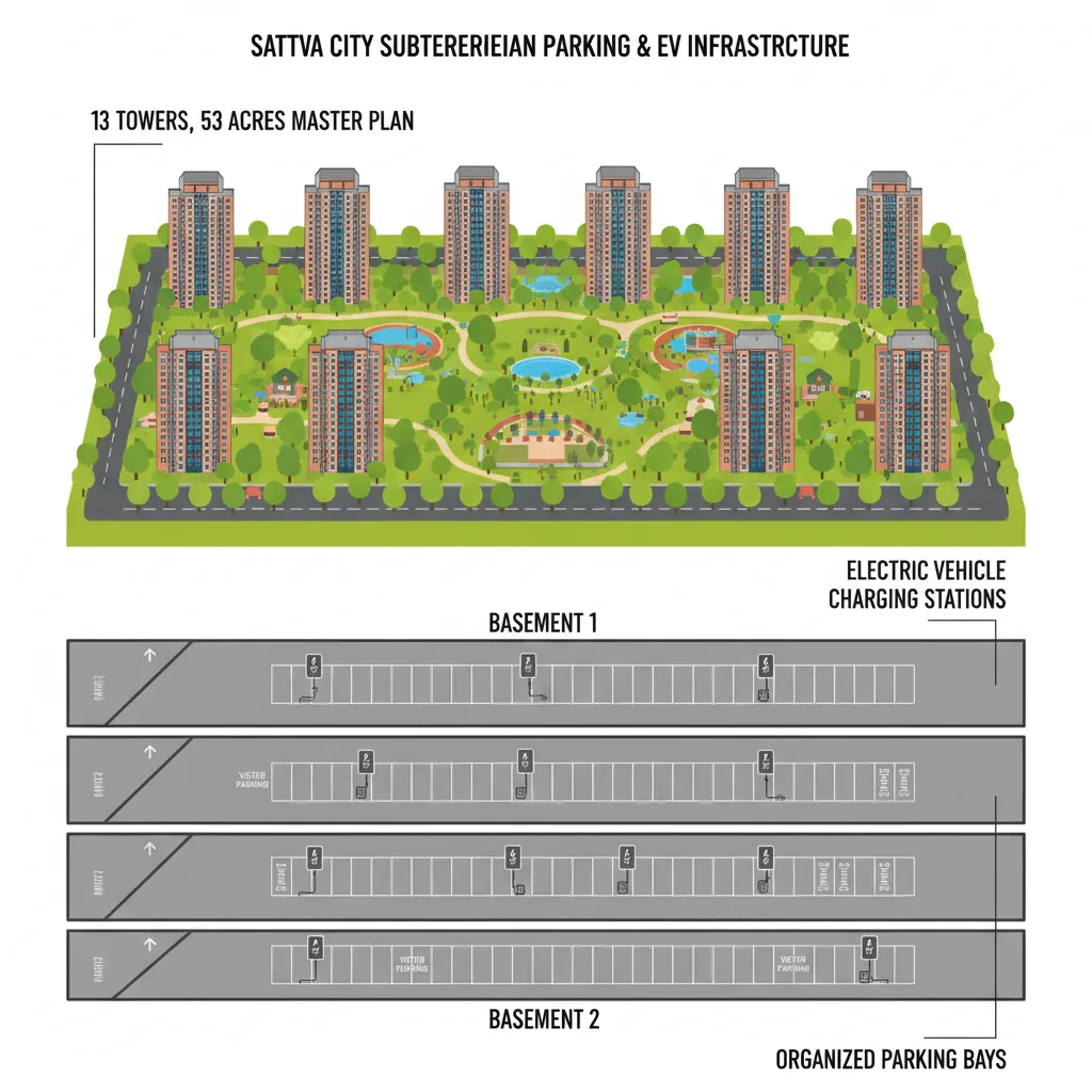 Covered parking infrastructure at Sattva City residential complex showing subterranean basement parking with EV charging stations