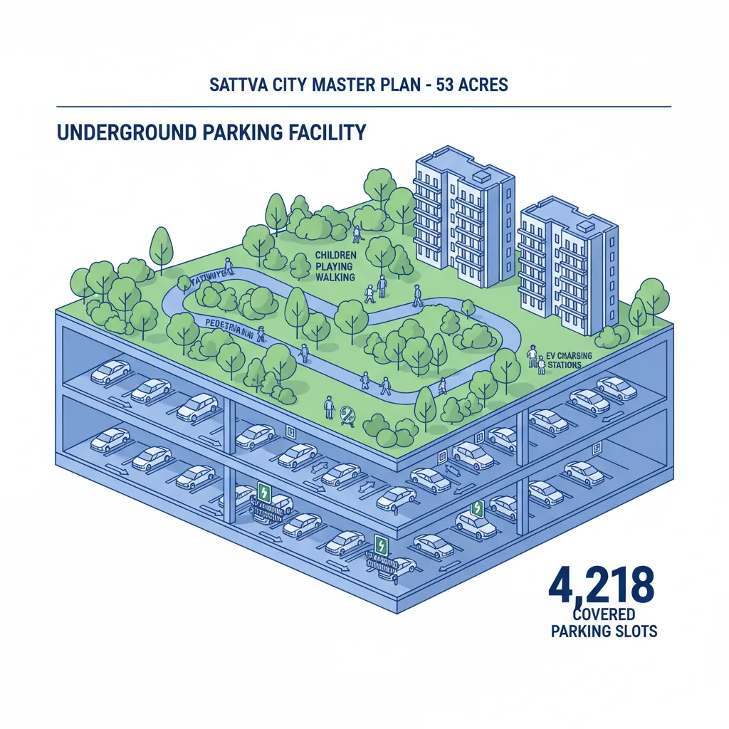 Modern architectural infographic showing underground parking facility at Sattva City residential township