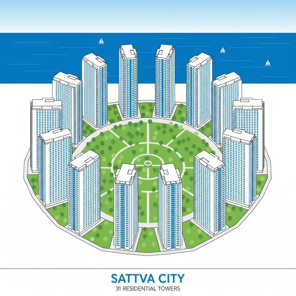 Sattva City aerial view showing 31 high-rise towers in pinwheel layout around central park