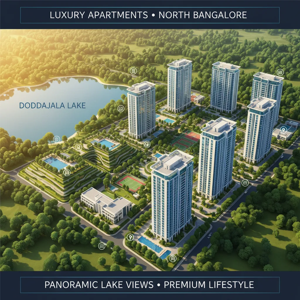 Modern residential high-rise towers at Sattva City in North Bangalore with panoramic Doddajala Lake views