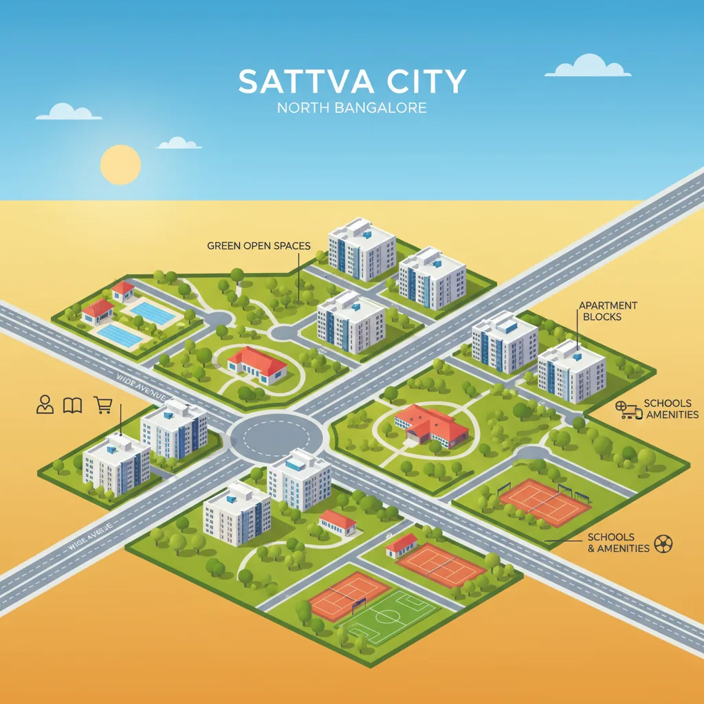 Modern residential township aerial view with green open spaces, wide roads, and contemporary apartment buildings in North Bangalore
