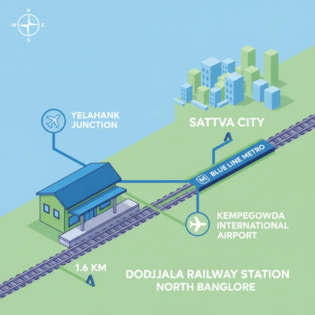 Infographic showing Dodjala Railway Station 1.6 km from Chikkajala with connections to Yelahanka Junction and Kempegowda International Airport