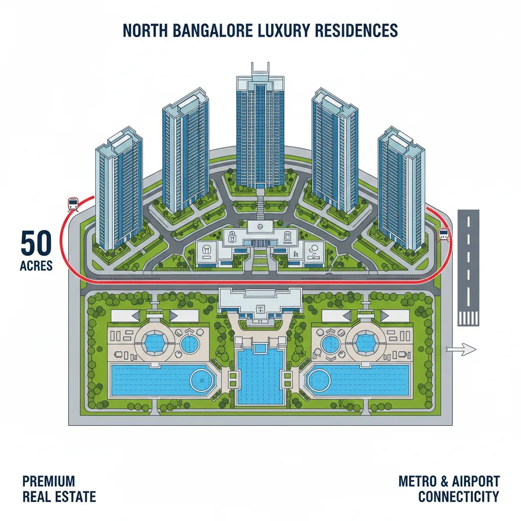 Modern luxury residential township in North Bangalore with tall glass towers and landscaped gardens