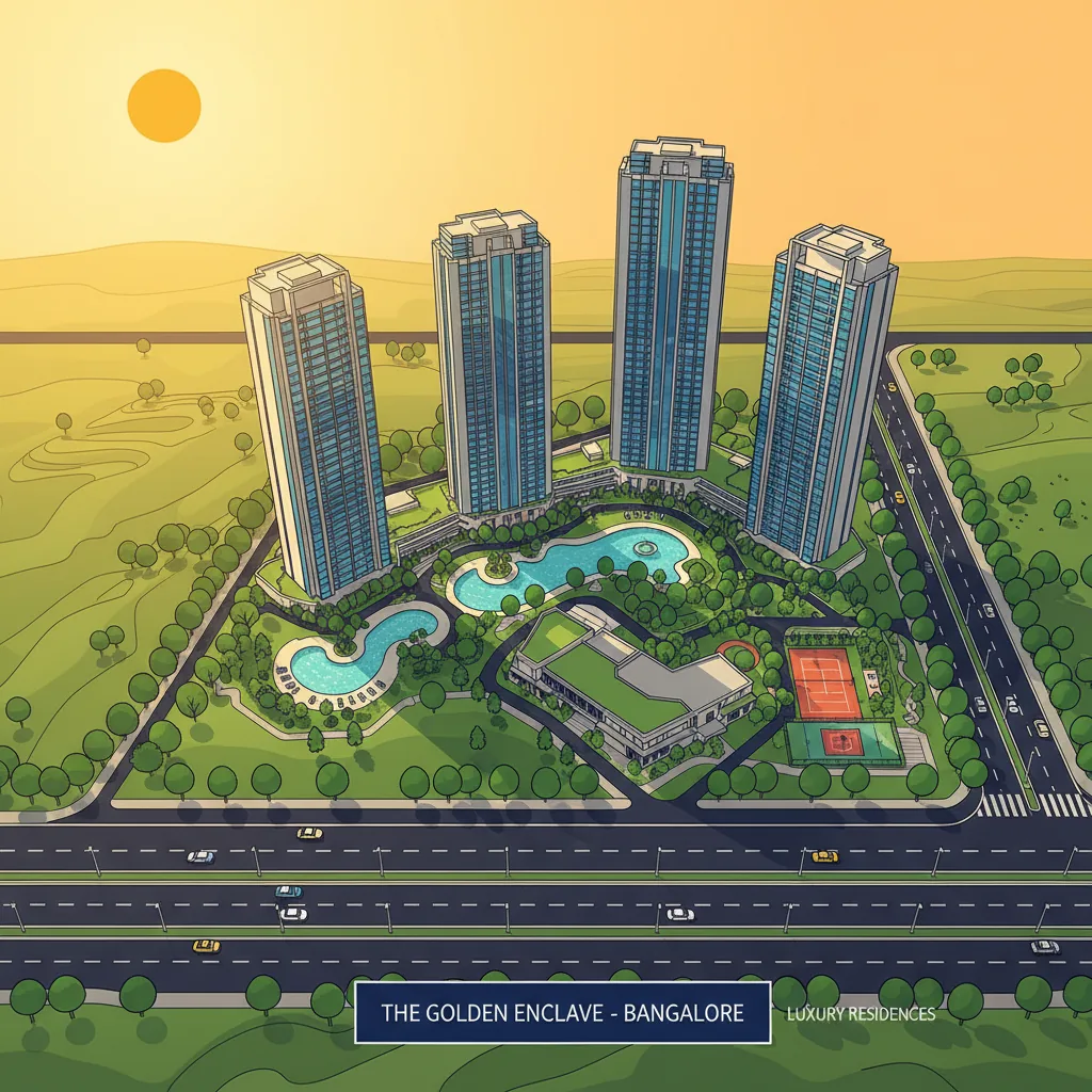 Modern luxury residential township aerial view with green landscape, tall glass residential towers, swimming pools, clubhouse amenities, located near airport highway in Bangalore India