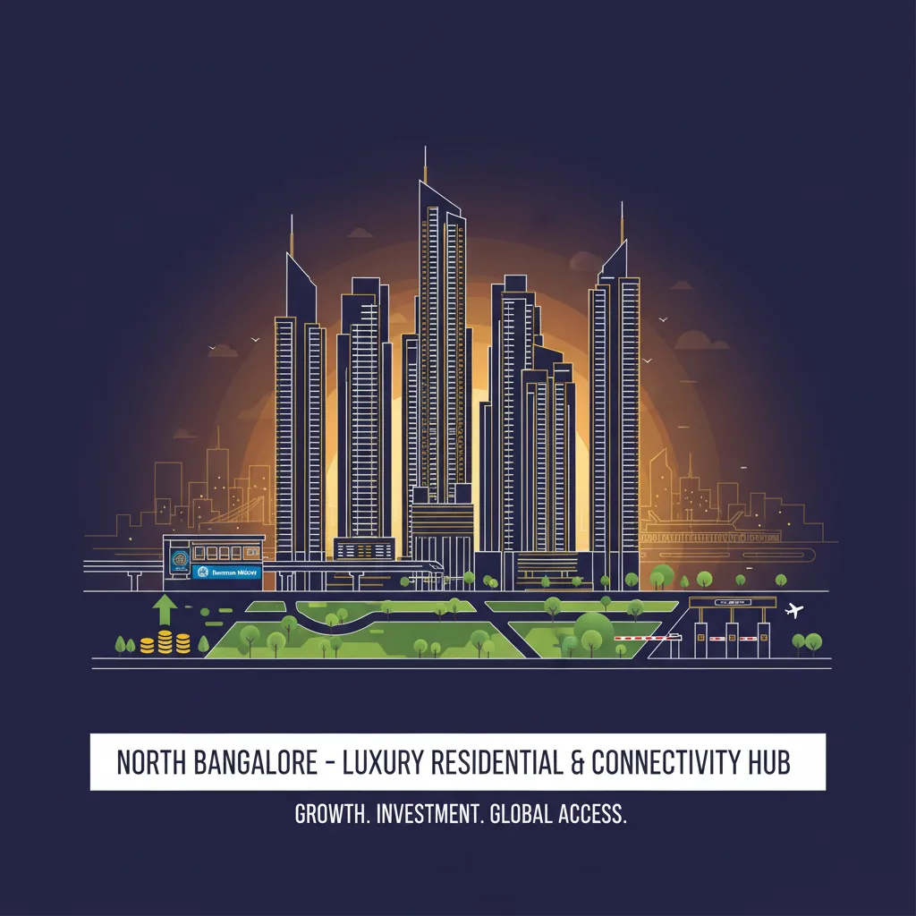 Modern real estate infographic showing luxury residential towers in North Bangalore at sunset with airport and metro connectivity