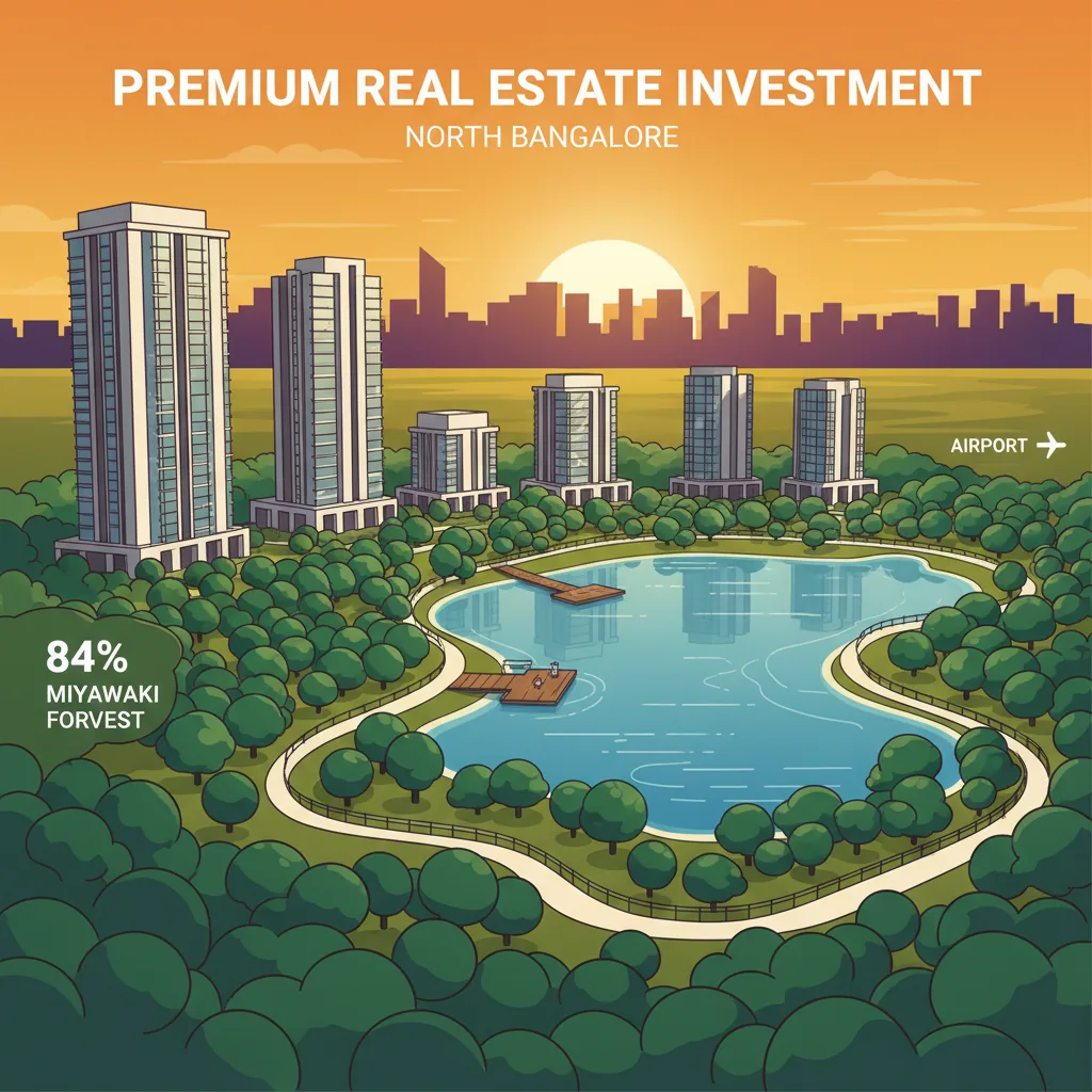 Aerial view of Sattva City luxury residential township in North Bangalore at golden hour, featuring green open spaces, Miyawaki forests, lake with viewing decks, and modern apartment towers