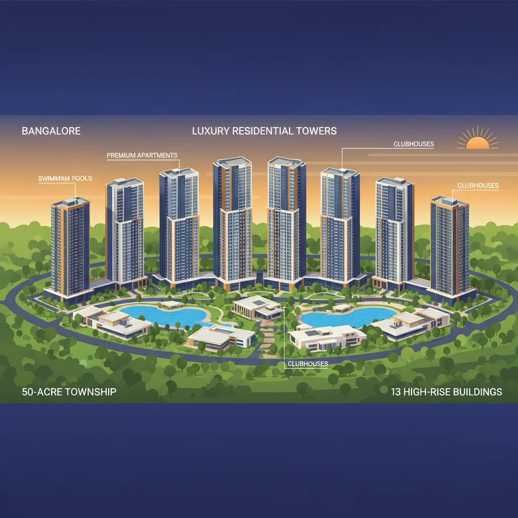 Modern luxury residential towers in Bangalore, aerial view of 50-acre township with lush green landscape, 13 high-rise towers, premium apartments, swimming pools, clubhouses, surrounded by greenery, contemporary Indian architecture, sunset lighting, real estate infographic style, professional architectural visualization