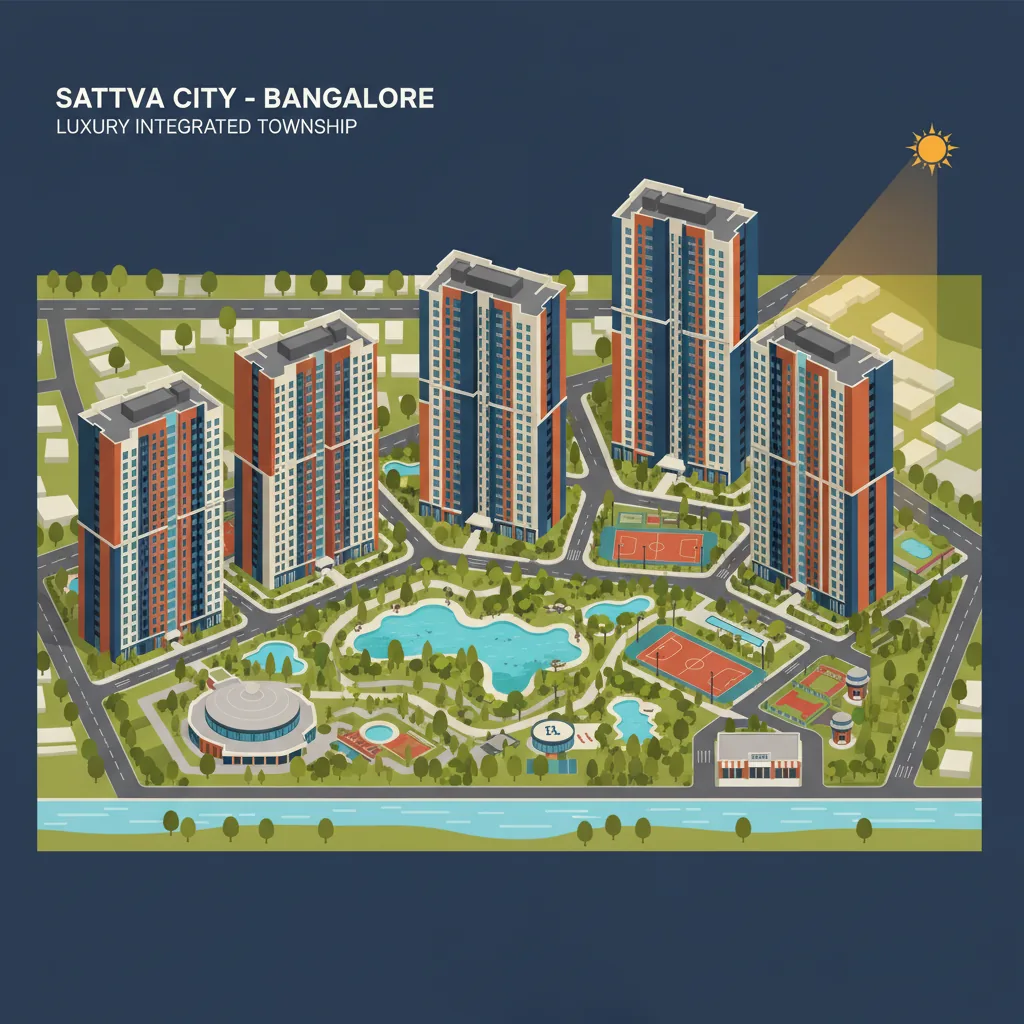 Modern residential apartment towers in Bangalore, luxury real estate development, aerial view of Sattva City 50-acre integrated community with green landscaping and contemporary Indian architecture at sunset