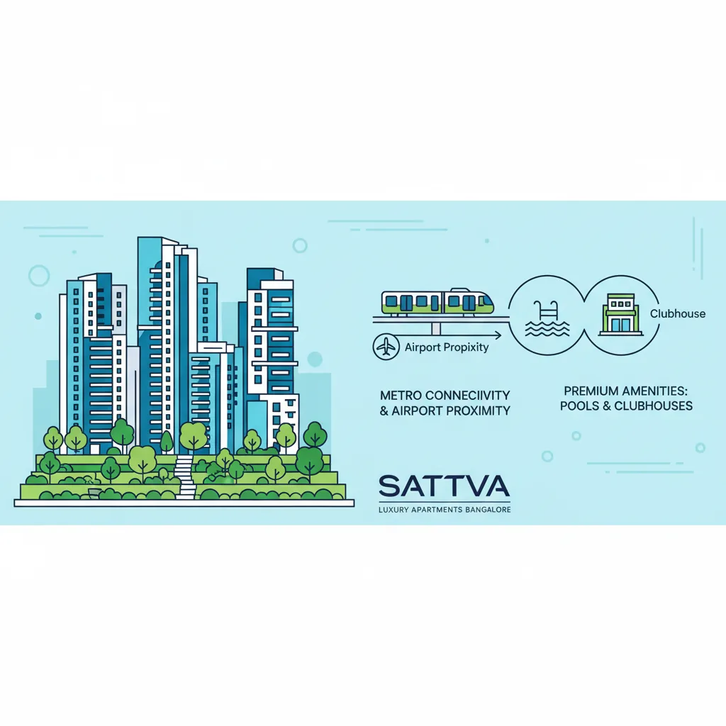 Modern residential real estate infographic showing luxury Sattva apartment towers in Bangalore with green gardens, metro connectivity, and premium amenities