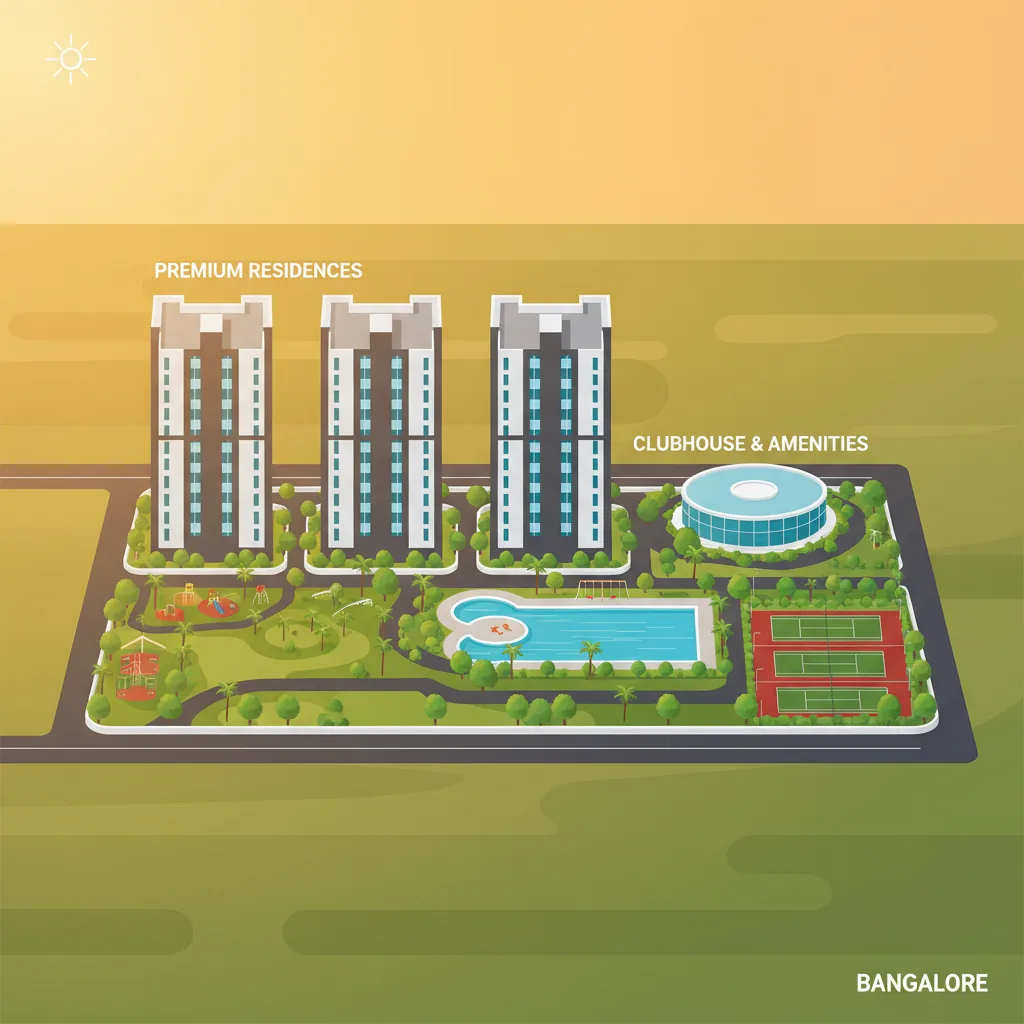Modern luxury residential towers in Bangalore with green landscaping, swimming pool and clubhouse amenities at golden hour