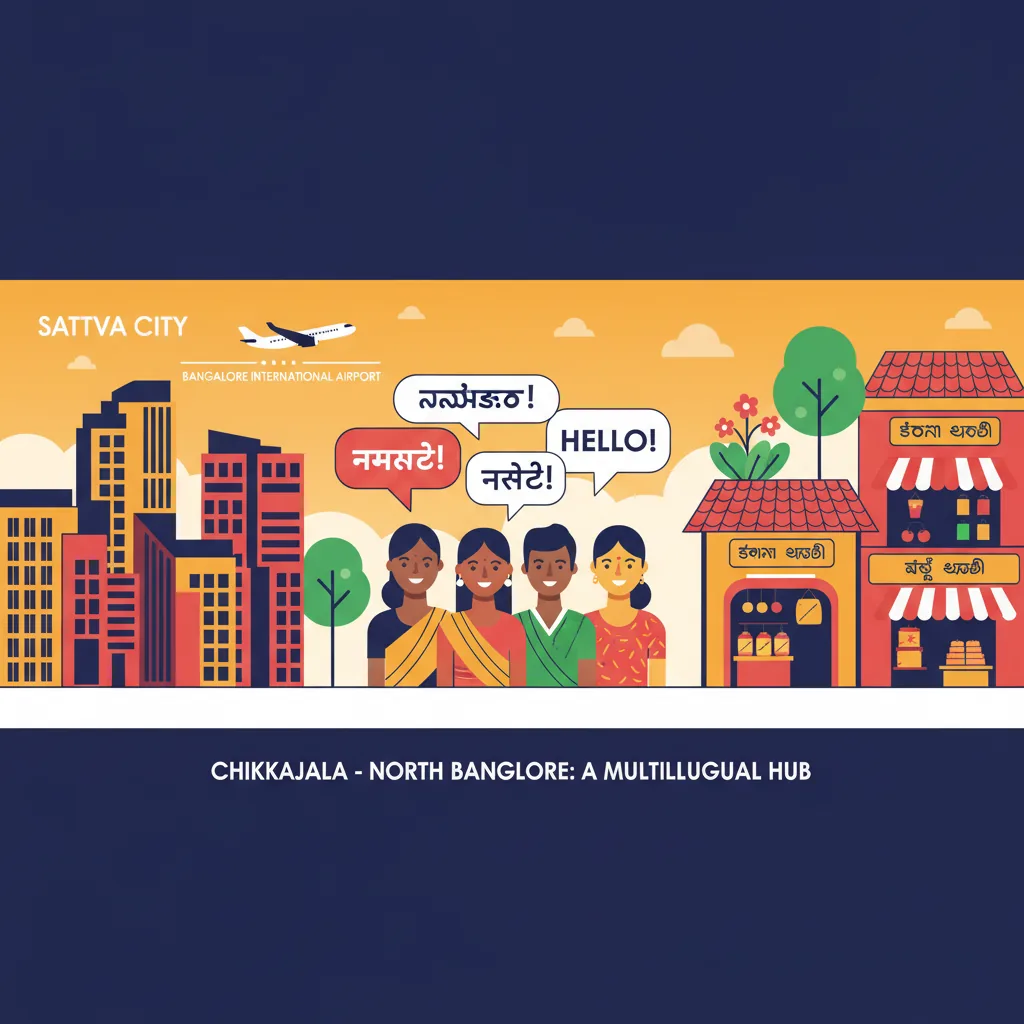 Multilingual community in Chikkajala showing Kannada, English, Hindi, and Telugu languages with Sattva City and Bangalore International Airport