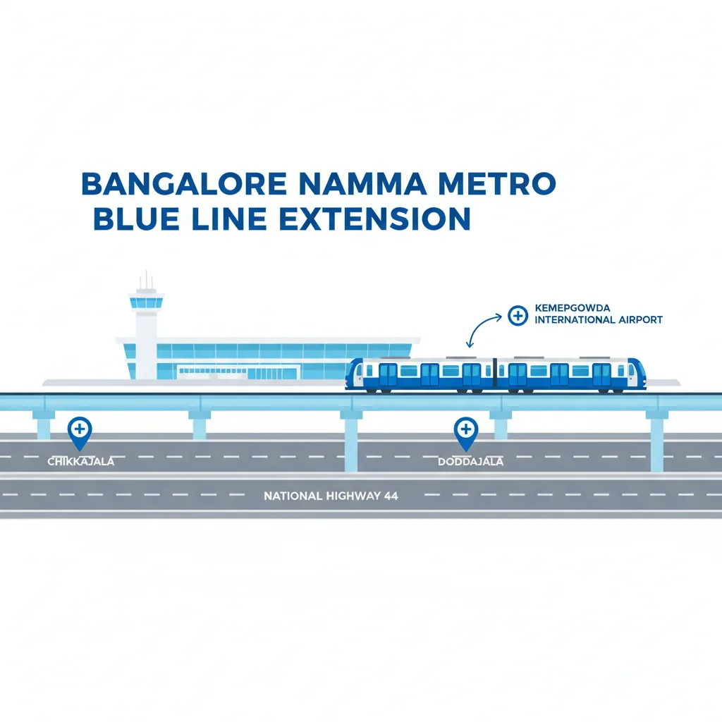 Bangalore Namma Metro Blue Line extension infographic showing Chikkajala and Doddajala stations along NH44 connecting to Kempegowda International Airport